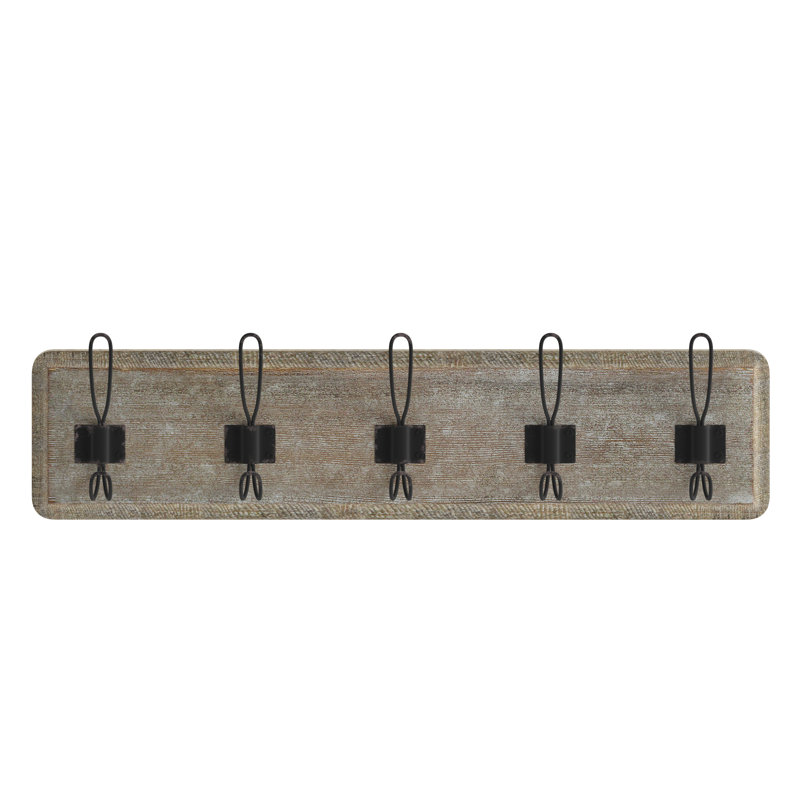 Gracie Oaks Nariaki Wall Mounted Solid Pine Wood Storage Rack with 5 Hanging Hooks & Reviews